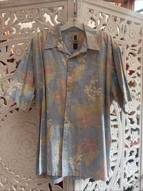 Tori Richard Blue Floral Pink Hibiscus Hawaiian Shirt Reverse Print Made in USA